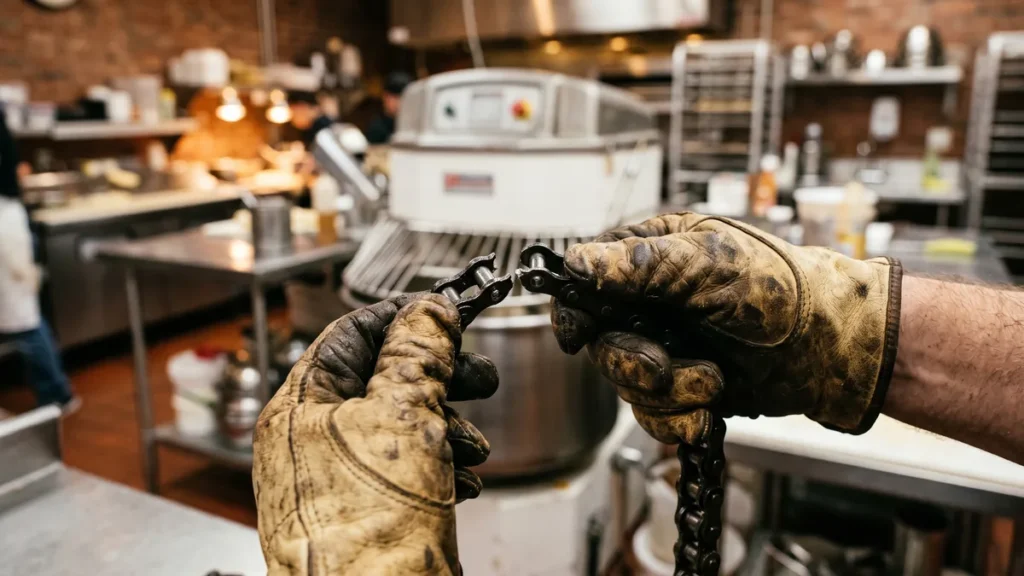 Zwei Hände in Arbeitshandschuhen halten eine gerissene Rollenkette, im Hintergrund eine Teigmaschine in der Gastronomieküche