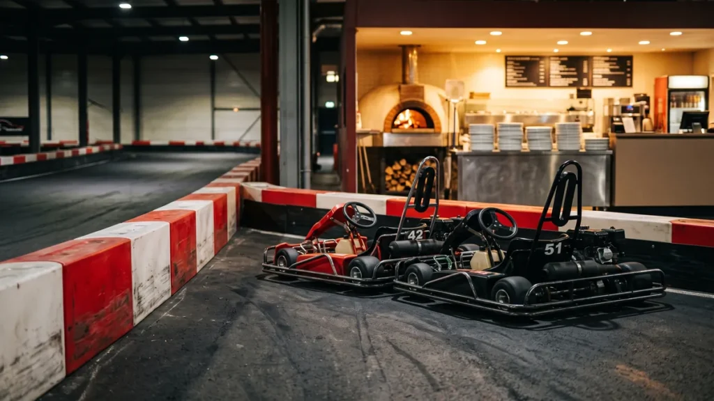 Zwei Karts an einer Indoor-Kartbahn, im Hintergrund die Gastro-Theke mit Pizzaofen