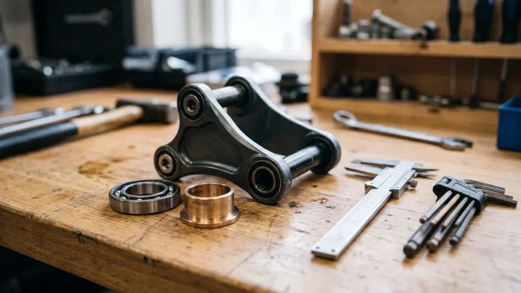 Mountainbike-Dämpferwippe mit Kugellager und Bronzebuchse auf einer Werkbank mit Messschieber