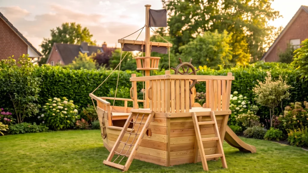 Piratenschiff-Klettergerüst aus Holz mit Steuerrad in einem Garten
