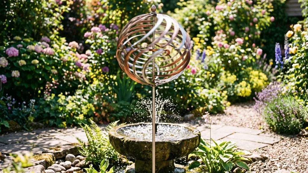Windspiel aus Edelstahl über einem kleinen Steinbrunnen im Garten