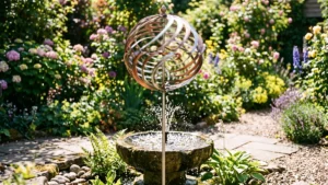Windspiel aus Edelstahl über einem kleinen Steinbrunnen im Garten